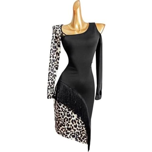 Sexy Latin dance dress Women leopard print fringed tassel dress salsa rumba cha cha dance practice clothes