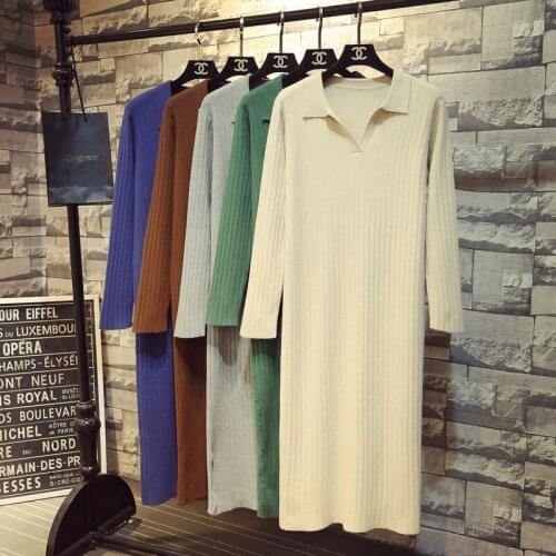 Autumn and winter new lapel knitted dress womens loose temperament casual mid-length long-sleeved solid color sweater dress