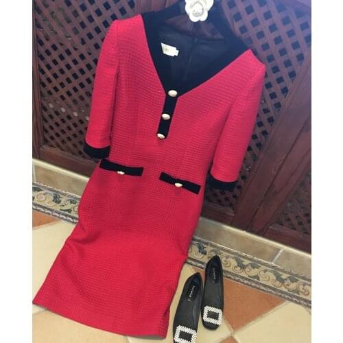 2020 autumn winter red black patchwork tweed dress elegant v-neck buttons slm knee length dress Y657