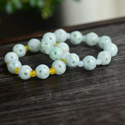 1pc Natural Jade Emerald Hollow bead 13mm Beads Bracelet Adjustable Bangle Jewellery Fashion Accessories DIY Luck Amulet