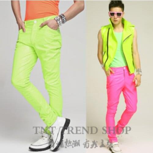 27-40 ! European American Mens Brand Casual Candy Fluorescent Series Korean Costumes Performance Apparel Leather Pants Trousers