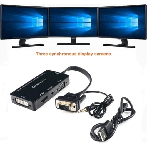 CableDeconn VGA Male to VGA HDMI DVI Female 3IN1 Adapter Converter for Desktop Laptop VGA Graphics Card with Micro USB Power