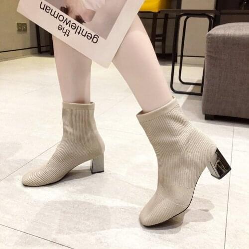 AARDIMI Womens Slip On Work&Safety Ankle Boots For Women Square Toe Solid Platform Shoes Woman Hoof Heels Autumn Med Heel Boots