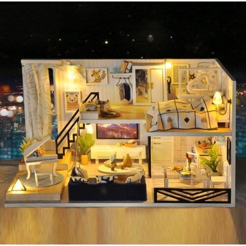 1:24 Wooden Handmade Mini LED Light Dolls House with Furniture Loft Kit Gift