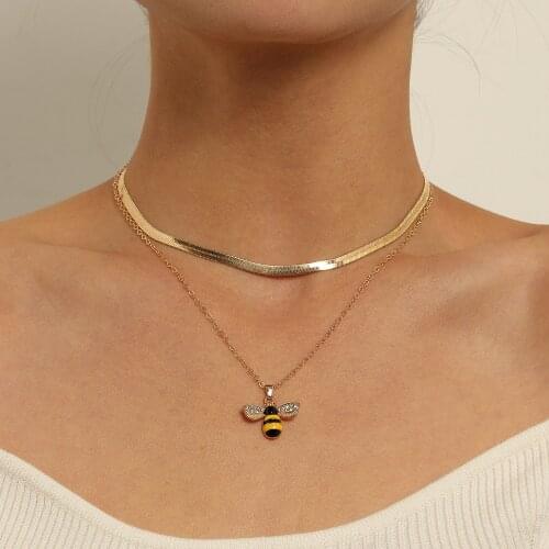 Double Layer Fashion Crystal Bee Necklace Pendant Women Creative Personality Short Choker Snake Chain Necklace Collar Jewelry