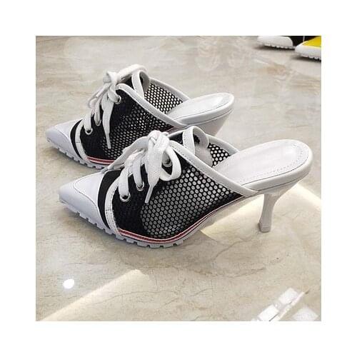 Summer Womens Shoes Sexy Fashion Trend Semi-slippers Mesh Pointed Toe Straps Fine Heel Non-slip Womens Sandals 8cm Slippers