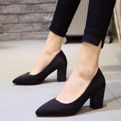 Hot Selling Elegant Woman Sequin Decoration Thick High Heels Shoes Spring Footwear Big Size Women Pointed Toe Work Shoes U18-92