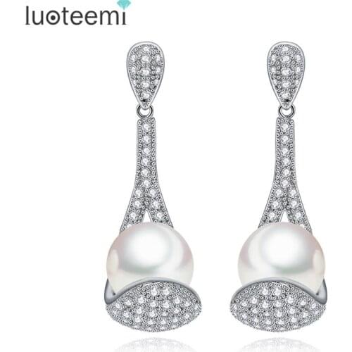 LUOTEEMI Drop Brincos For Women Jewelry Micro Paved CZ Crystal with Waterdrop Simulated Pearl Earrings High Quality Wedding Gift