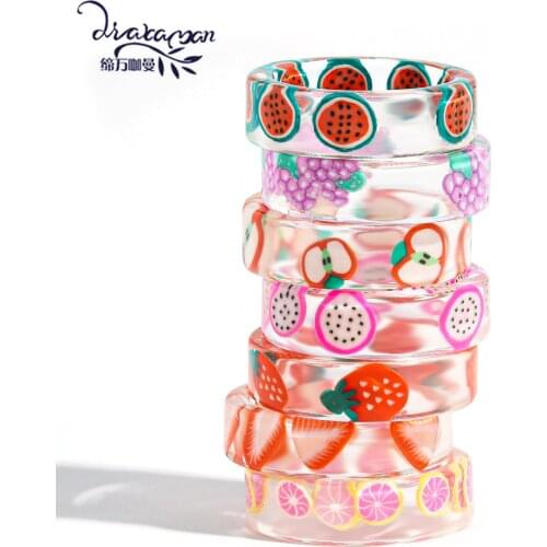 Dvacaman Fashion Summer Fresh Fruits Transparent Resin Acrylic Rings For Women Girls New Design Strawberry Lemon Finger Jewelry
