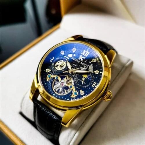 Mens Automatic Watch Man Mechanical Tourbillon Leather Skeleton Watches Luxury Waterproof Multifunctional Relogio Masculino