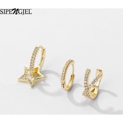 SIPENGJEL Fashion Cubic Zircon Star Ear Cuff Earrings Set Elegant Temperament Hoop Earrings For Women Girls Jewelry Gift 2021