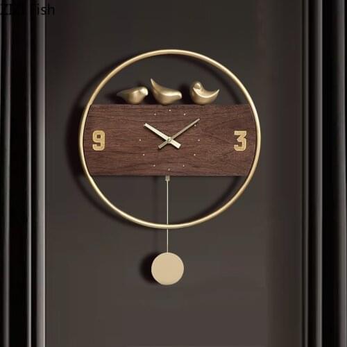 12 Inch Pointer Silent Sweep Needle Wall Clock Walnut Wood Golden Metal Hang with Pendulum Timepiece Ornaments Nordic Wall Watch