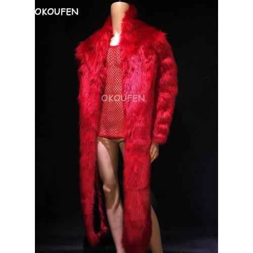Novelty Mens Red Fur Coat DS costumes Nightclub bar singer DJ Red irregular fur Coat stage show perform Party dress wear