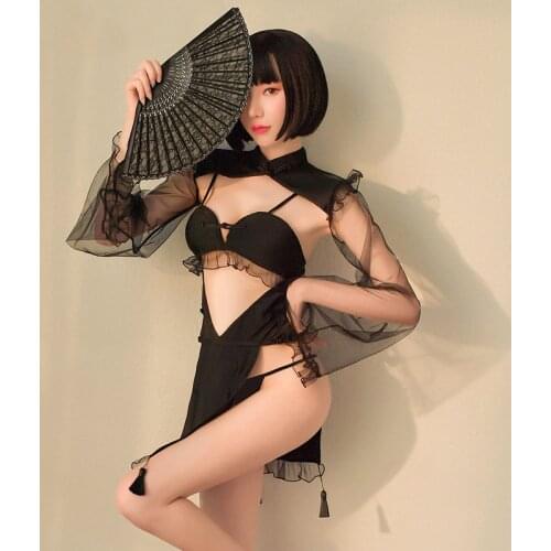 JIMIKO 2021 new lingerie erotic costumes black sexy qipao lace hollow suspender dress porn cheongsam Halloween role-playing game