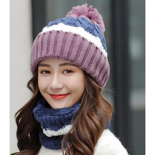 New Brand Winter Hats Women Thick Knit Warm Beanies Hat Scarf Female Windproof Cycling Wool Stitching Knitting Hedging Caps Sets