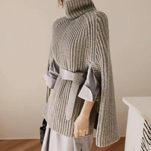 Solid Color Cloak Type Knitted Sweater Creative Version of Thick Sleeveless Turtleneck Pullover Winter Clothes Women