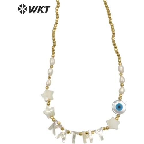 WT-JN138 Amazing white shell star necklace lady gold beads letters charm necklace handmade white charm letter pendant necklace