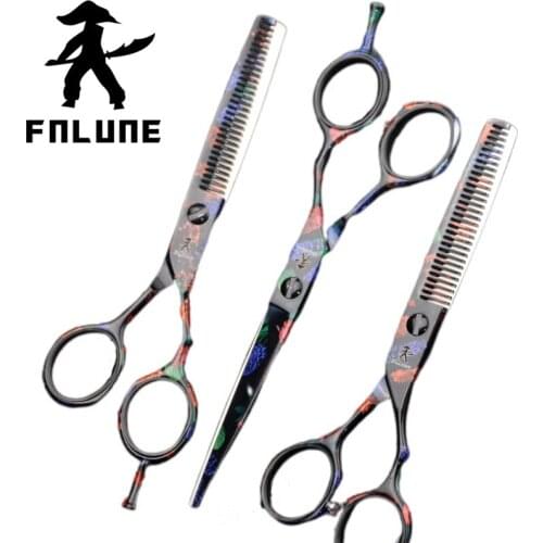 FnLune 6 Inch 9Cr18Mov Black Blue Print Professional Hair Salon Scissors Cut Barber Haircut Thinning Shear Hairdressing Scissors