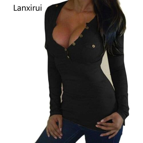 Sexy Deep V Neck T Shirt Women Long Sleeve Pocket Button Tee Shirt Top tee shirt femme camisetas feminina vetement femme