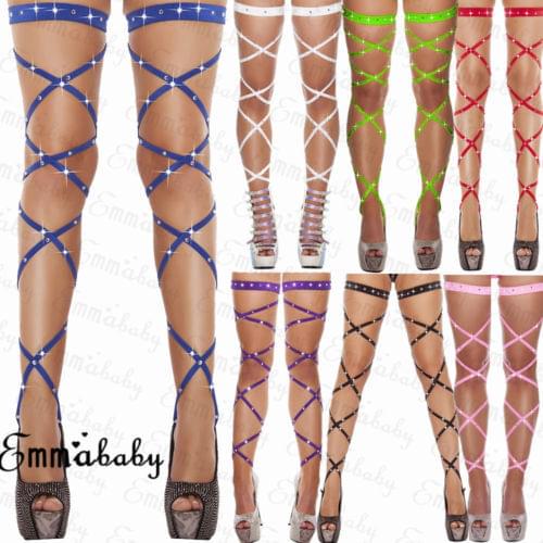 Sexy Women Lingerie Bandage Fishnet Stockings Thigh-High Crystal Studded Thigh High Leg Rave Wraps Strappy Rhinestone Tights