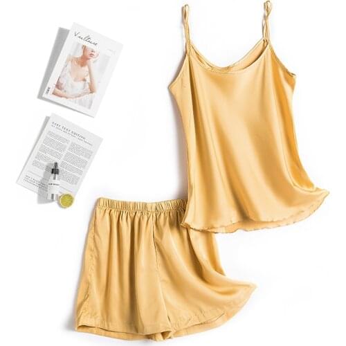 Sexy Ice Silk Pajamas Woman Thin Section Spaghetti Strap Shorts Twinset Sleepwear