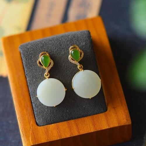 Natural Hetian Jade Tranquility and Peace Plate Earrings round Brand Earrings Womens Sterling Silver Anti-Allergy Earrings Safe