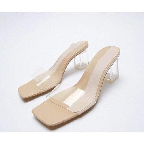 Female Shoes Glitter Slides Slippers Women Summer Heeled Mules Square Toe Low 2021 Jelly High Transparent Block Rome Rubber Fabr