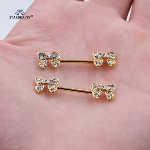 Starbeauty 1 Pair Cute Crystal Bowknot Nipple Ring Barbell Nipple Piercing Earring Surgical Steel Helix Piercing Nipple Jewelry