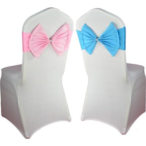 Hot 50pcs/lot Wedding Party Decoration Elastic Spandex Pink Red Blue Purple Bow Tie Chair Sash Hotel Banquet Chair Back Decor