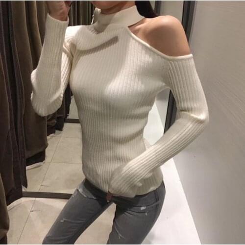 Sexy off shoulder knitted sweater Women elegant solid skinny slim pullover and sweater 2018 Autumn winter jumpers Pink