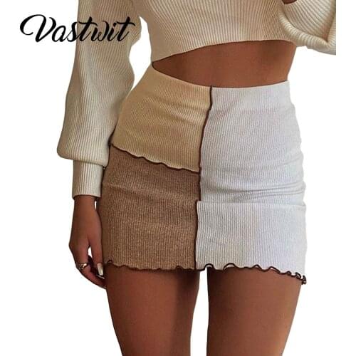 Women Summer Skirt Splicing High Waist Slim Bust Skirt Fashion Patchwork Ribbed Miniskirt Clubwear