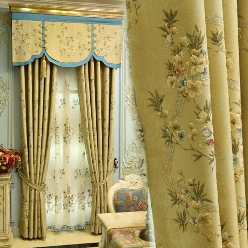 European top light blue high quality jacquard villa curtains for living room cream color luxury 3D jacquard bedroom curtains