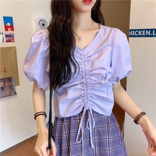 2020 New Korean Style Sense of Design Niche Drawstring Short Puff Sleeve Shirt Womens French Thin Purple Shirt Summer