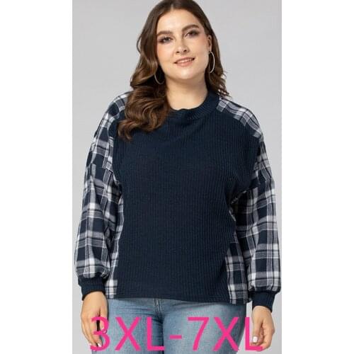 2021 spring autumn plus size tops for women large long sleeve loose casual plaid O neck knit t-shirt blue 3XL 4XL 5XL 6XL 7XL