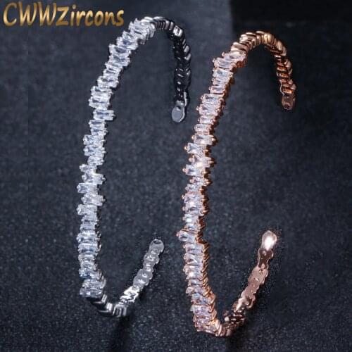 CWWZircons Noble Fashion Square Cut Baguette Cubic Zirconia Crystal Opening Cuff Bangle Bracelet For Women BG004
