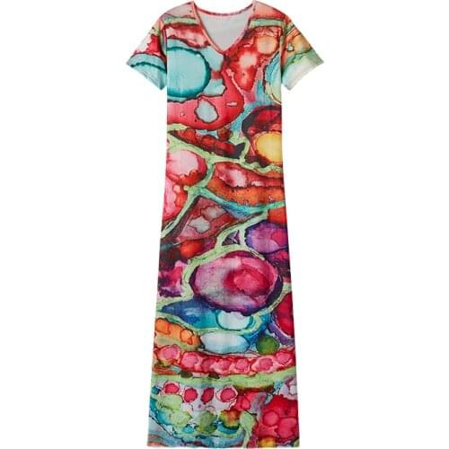 Long Printed Maxi Dress V-neck Casual Womens Summer Sundress Bohemian Female Printed Robe Short Sleeve