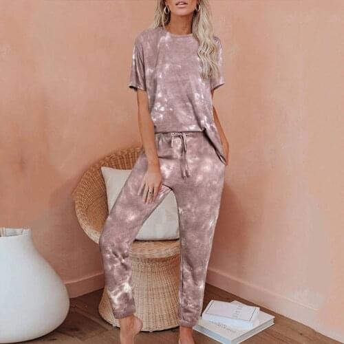Women Sport 2 Piece Set Gradient Print O Neck Short Sleeve Tops Elastic Waist Lace Up Long Pants Summer Casual Loose Suits Femme