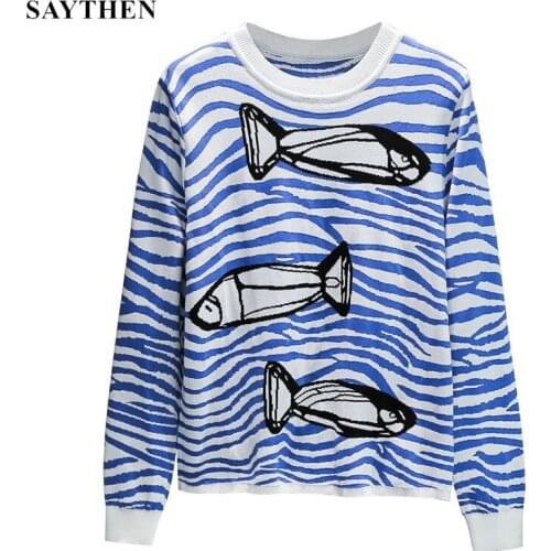 SAYTHEN Women Knitted Animal Jacquard Fish Wave Striped Tops Autumn Tees Runway Design Jumper Half Sleeve Pullovers For Lady