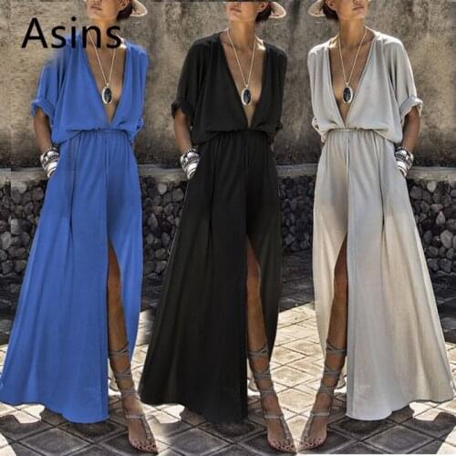Asins dress woman 2019 spring new hot casual fashion deep v neck high waist solid half sleeve split sexy irregular long dresses