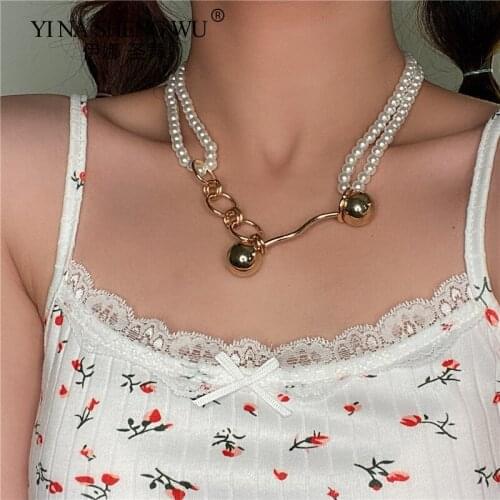 Korean Fashion White Imitation Pearl Choker Necklace for Women Bead Statement Necklace Elegant Temperament Round Ball Pendant