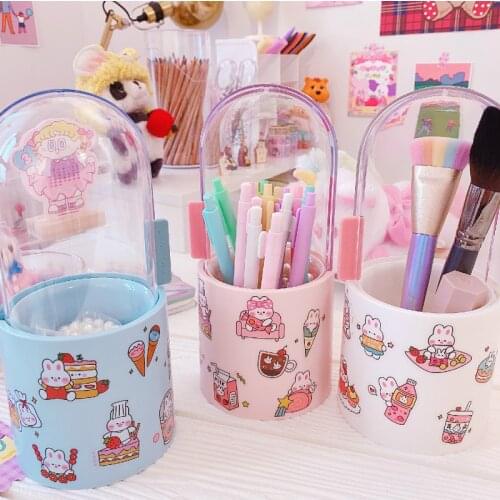 1pc Cartoon rabbit DIY Plastic Round Ruler Pen Pencil Pot Holder Desk Stationery Container Student Penholder Cosmetic Organizer