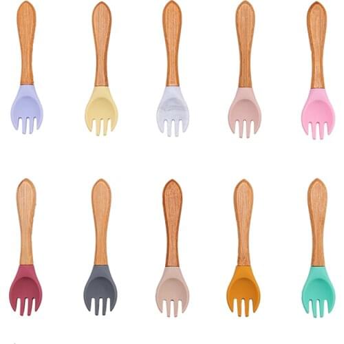 1PCS Baby Bamboo Fork Silicone Wooden Baby Feeding Spoon Toddlers Infant Feeding Accessories Organic BPA Free Food Grade Materia