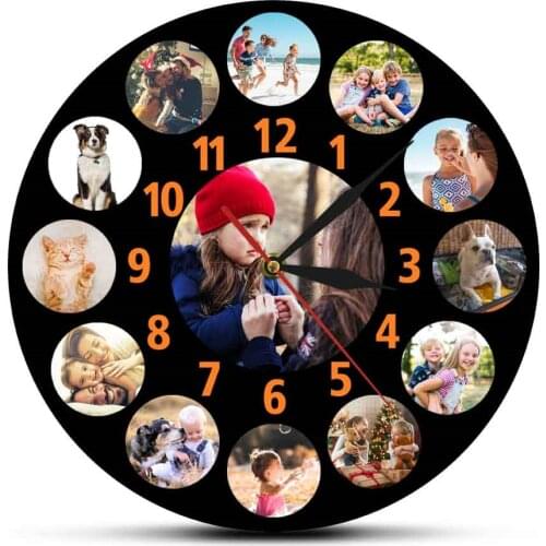 13 Instagram Pictures With Orange Number Custom Family Photo Collage Black Background Large Wall Hanging Clock Personalized Gift