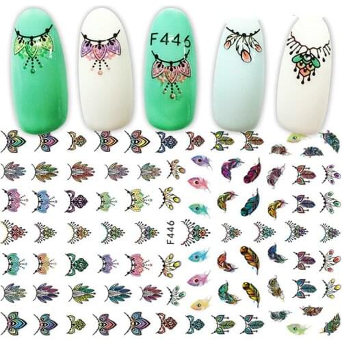 2 Sheets Adhesive Nail Art Sticker Colorful Decals 3d Charms Feather Peacock Nail Necklace Jewelry Pattern Manicure Decoration