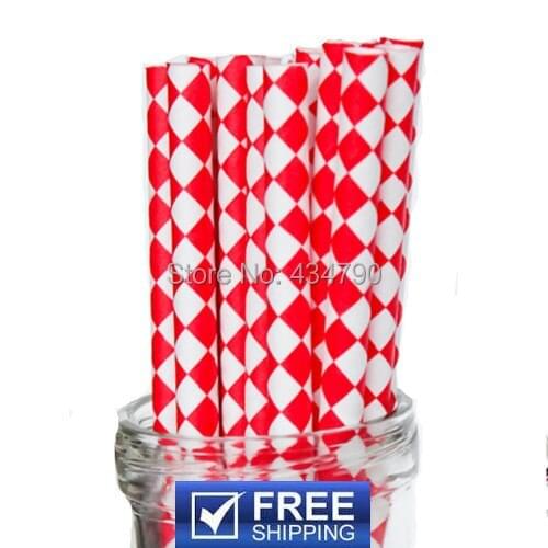 200pcs Paper Straws Red Harlequin Diamond,Christmas Girls Birthday Cake Pop Sticks,Red and White Party Supplies Decorations