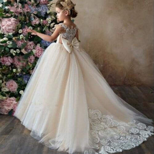 White Flower Girl Dresses Kids Pageant Birthday Party Lace Tulle Dress Bow knot First Holy Communion Formal Prom Dresses