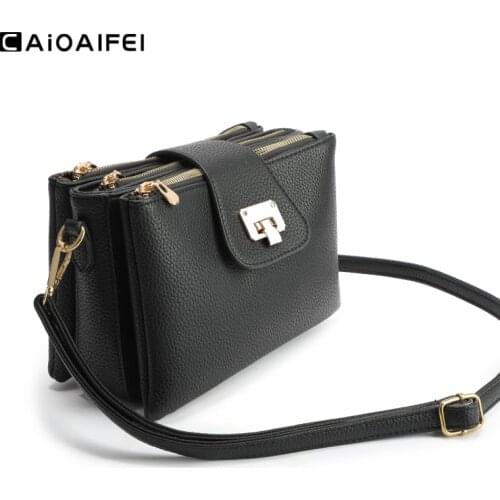 CAIOAIFEI lychee pattern fashion women shoulder bags Multi-layer pocket Solid female flap crossbody bag woman famous brand bag