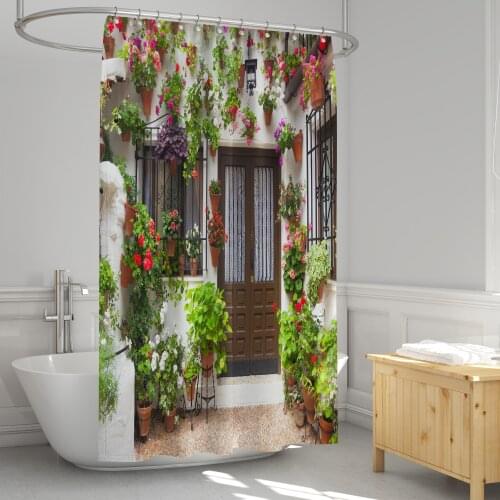 European shower curtain with nature scene 3D print Mediterranean Greek scene old street flower picture 71x71 inch polyester wate