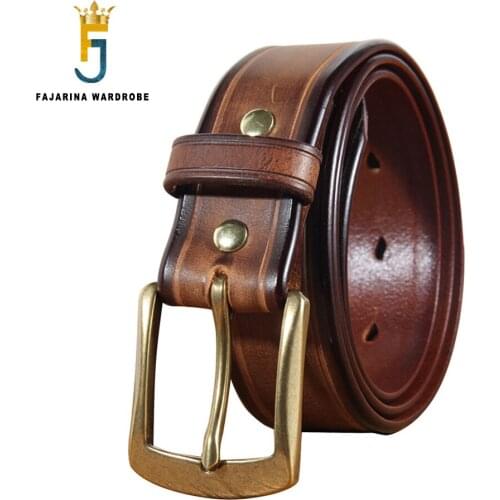 FAJARINA Top Quality 100% Solid Cowskin Belt Men‘s Retro Cowhide Leather Brass Pin Buckle Metal Belts Men 3.8cm Width N17FJ912