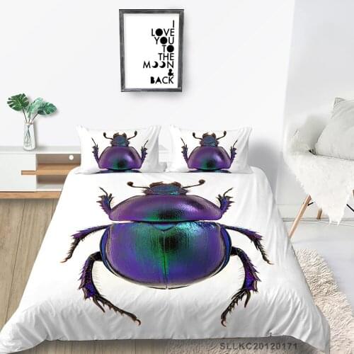 Purple Beetle Bed Set King Size Fashion Simple Duvet Cover Insect Single Double Twin Full Queen 3D Print Bedding Set White